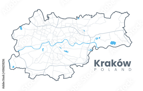 Urban Cracow map. Detailed map of Kraków (Cracovia), Poland. City poster with streets and Wisła (Vistula) River. Light stroke version.