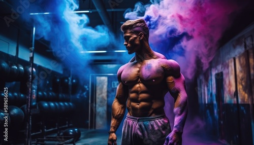 Muscular bodybuilder male athlete demonstrates her body in the gym. Generative AI