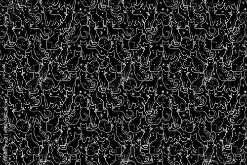 Repeating ornament of magical black cats and stars