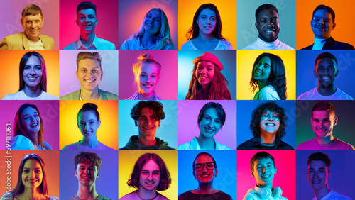 Collage made of portraits of young people of diverse age, gender and race posing, smiling over multicolored background in neon light. Concept of human emotions, youth, lifestyle, facial expression. Ad