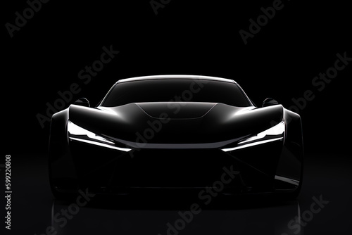 Front view dark silhouette of a modern sport black car isolated on black background. Created with Generative AI Technology