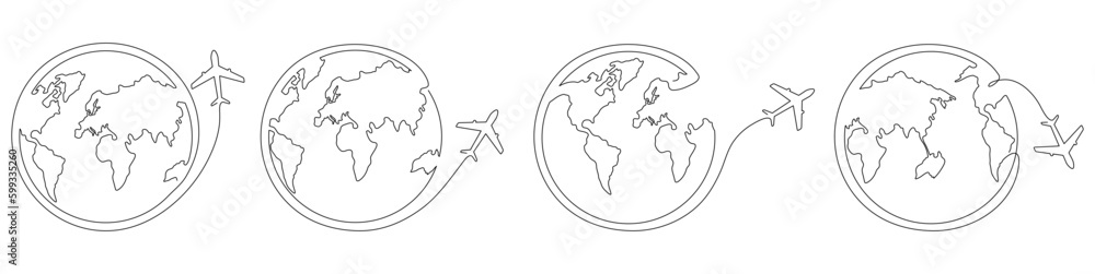 World Map With Flying Airplane One Line Art Collection Continuous