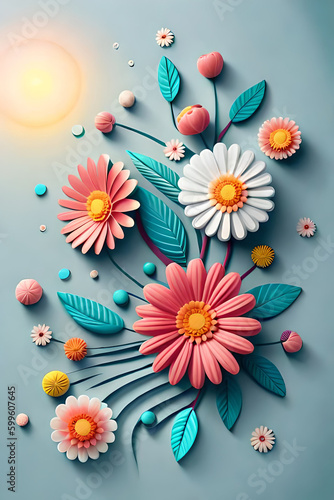 pastel color, 3d mural illustration wallpaper with flowers and circles
