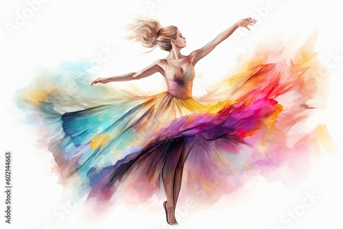 Illustration of a dancing beautiful ballerina in a puffy colorful dress on a white background. Generative AI
