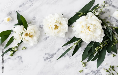 Wedding floral still life composition. Bouquet of white peony flowers, olive branches on marble table with silk cloth and ribbon. Vintage feminine photo, flat lay, top view, no people, generative ai