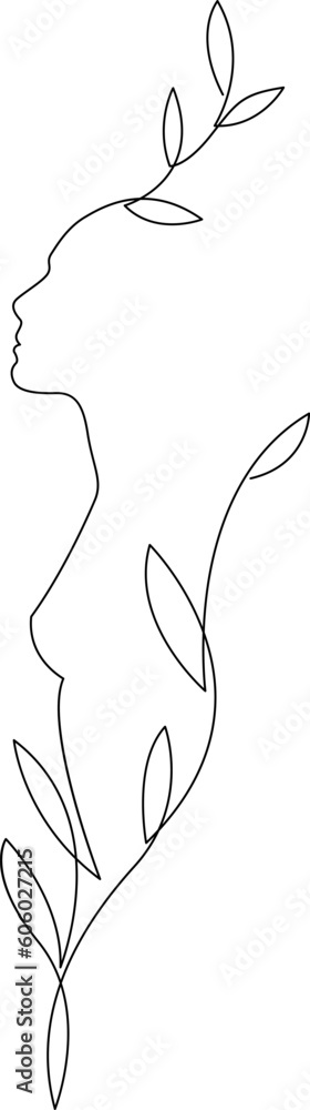 Abstract One Line Woman Body With Leaves Design Naked Woman Side View Continuous Line Drawing