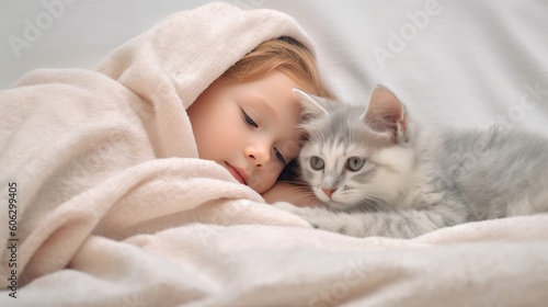 Cute baby with cat on bed at home. AI generative image.
