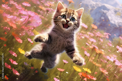 Happy kitten jumps on lawns. generative AI