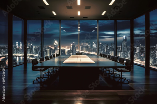 An empty boardroom in an office with a great view of a big city at night. Composite with different elements made with generative AI