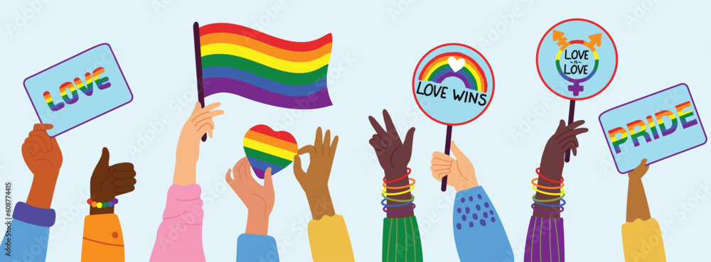 Lgbtq Banner Gay Community Hands Hold A Flag And A Rainbow Heart