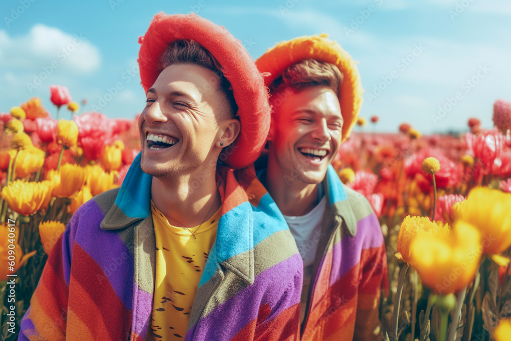 Happy Generative AI Gay Couple With Rainbow Flag Color Pattern Inclusive Society With Equal