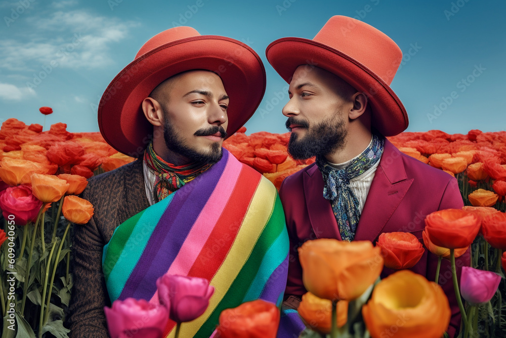 Happy Generative Ai Gay Couple With Rainbow Flag Color Pattern Inclusive Society With Equal