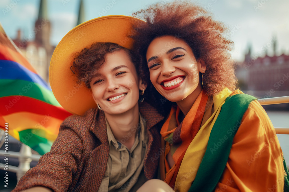 Beautiful Generative Ai Lesbian Couple In A Boat In Amsterdam Celebrating Lgbtq Pride With