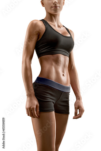 Beautiful fitness female slim tanned body isolated transparent PNG