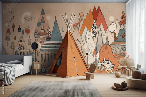 Creative and bright eco design of a children's room. Bright fantasy wallpaper on the wall of baby room. Adventure theme. Photorealistic illustration.
