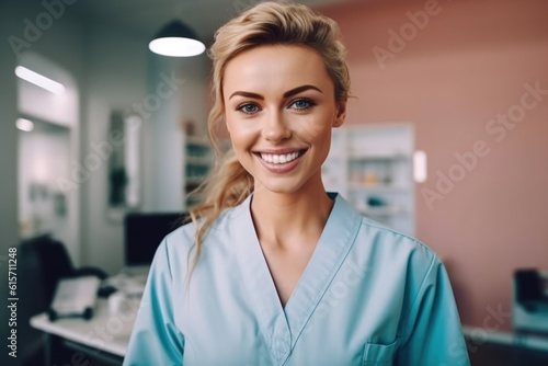 Beautiful dentist smiling at camera while standing at dental clinic.