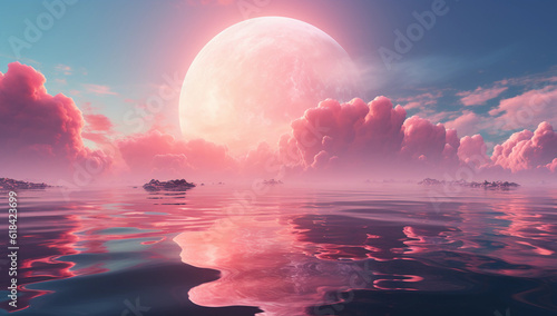 Pink moon floating in the sky and clouds over the calm sea waters, light white and pink colors, calm waters, dreamlike concept.