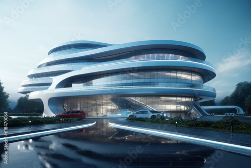 Future, architecture and development with building in city for construction, sci fi and innovation. Futuristic, creative and ai generated with glass structure for engineering, science and industry