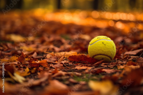 Tennis ball lying amidst fallen autumn leaves on a court, merging sport with nature