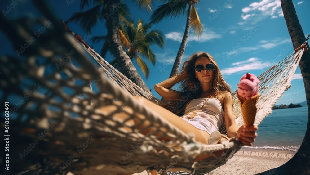 Relax Tropical Paradise Woman Lying In A Hammock With Ice Cream