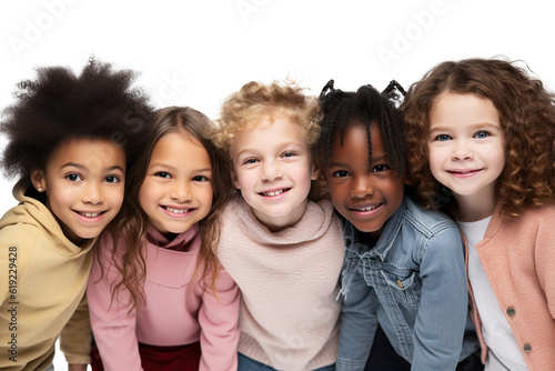 Multiethnic happy children portrait looking at camera. White transparent background