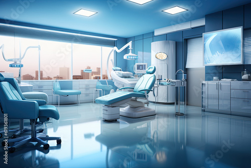 Modern dental clinic interior with a dental chair in the middle of the room. Created with Generative AI technology. 