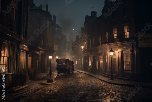 A Victorian-era London evening with gas-lights, fog, and cobble-stone streets. Generative AI