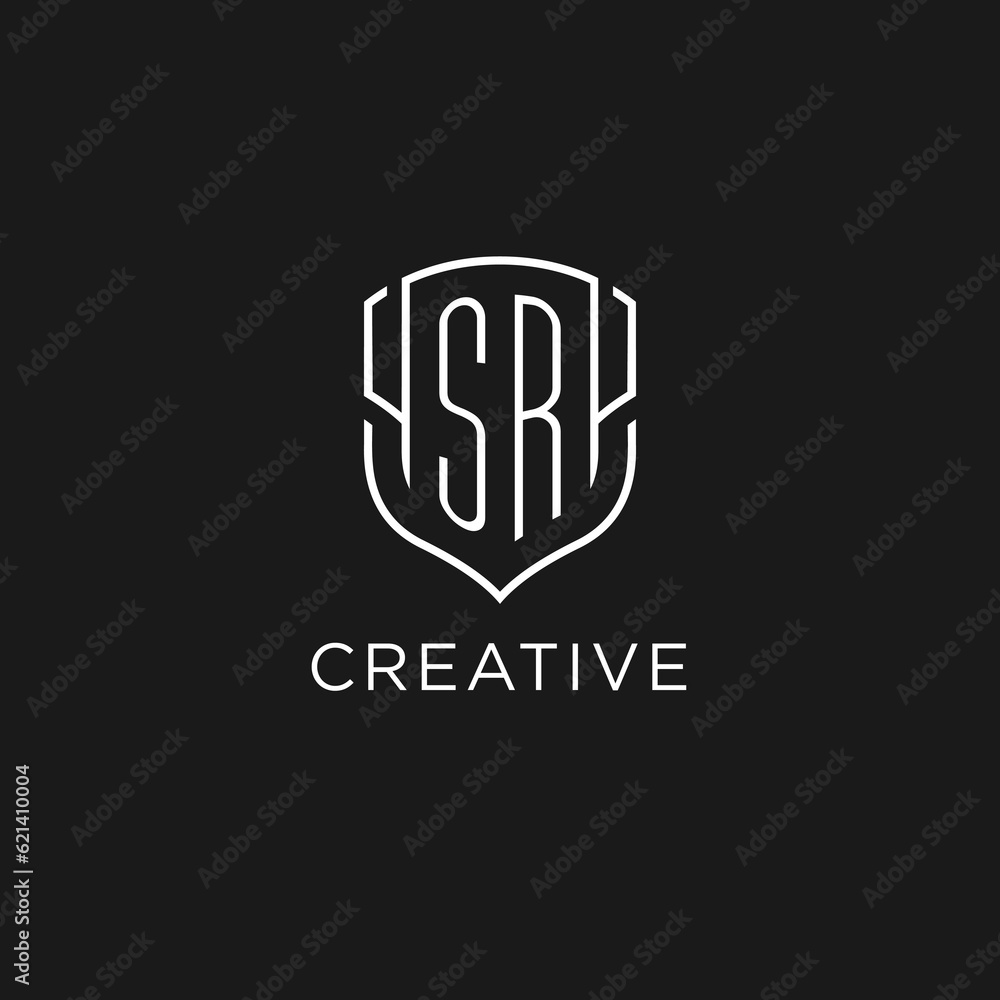 Initial SR Logo Monoline Shield Icon Shape With Luxury Style Stock