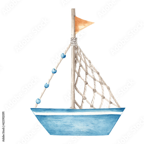 Cute watercolor ship, boat illustration. Hand painted summer sea nautical  isolated on white background.