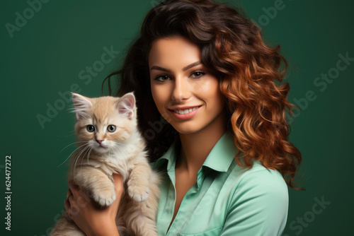 Animal health and prevention. White cat with veterinarian on green background with space for text. Copy space. Animal healthcare concept AI Generative	