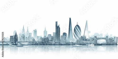 panorama of london pencil, Silhouette of London Skyline in Black-and-White Pencil Drawing, Highlighting Iconic Landmarks like London Eye, Big Ben, and Swiss Re Tower against a Serene White Background