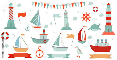 vector cute cartoon set with marine elements as lighthouses, boats, flags