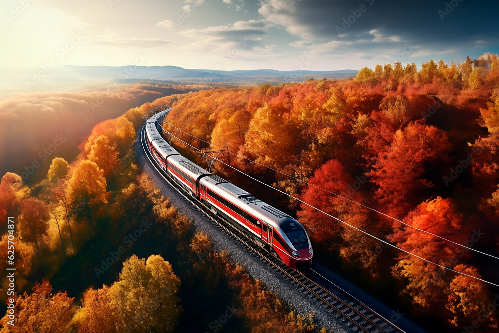 Aerial View Of Train And Railroad Among Autumn Forests Bird S Eye View