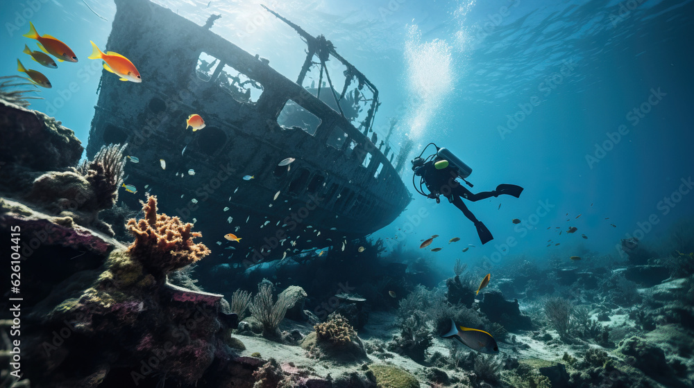 Scuba Diver Exploring Sunken Shipwreck With Coral Reef And Fish Stock