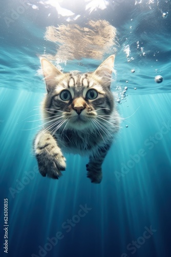 Cute cat swimming in water, diving under water. The concept of animal ability.