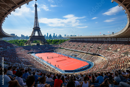 The tennis court in front of the Eiffel Tower