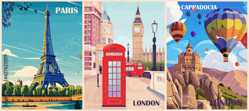 Set of Travel Destination Posters in retro style. Paris, France, London, England, Cappadocia, Turkey prints. Europe summer vacation, international holidays concept. Vintage vector illustrations.