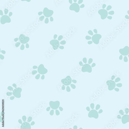 Cute seamless pet paw pattern. Cat or dog footprint on blue background. Vector illustration. It can be used for wallpapers, wrapping, cards, patterns for clothes and other.