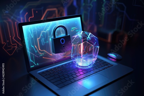 lock on the laptop screen. Cyber security, data protection concept, digital design. Generative AI