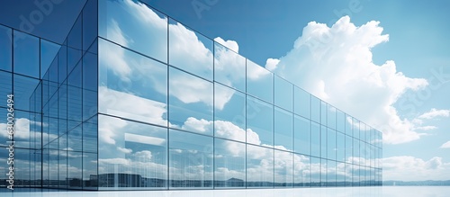 The exterior of a tall generic corporate office building with square glass windows reflects the clouds.