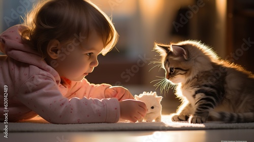 A Little Girl of 1 Year Playing with a Cat Puppy. Cute Composit.
