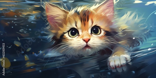 illustration of a cat is swimming underwater, generative AI