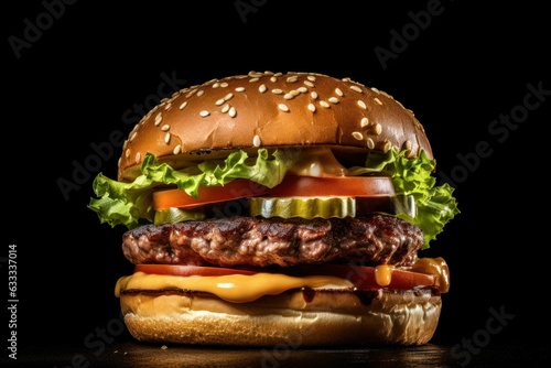 Floating burger isolated on black wooden background. Ingredients of a delicious burger with ground beef patty, lettuce, bacon, onions, tomatoes and cucumbers Generative AI