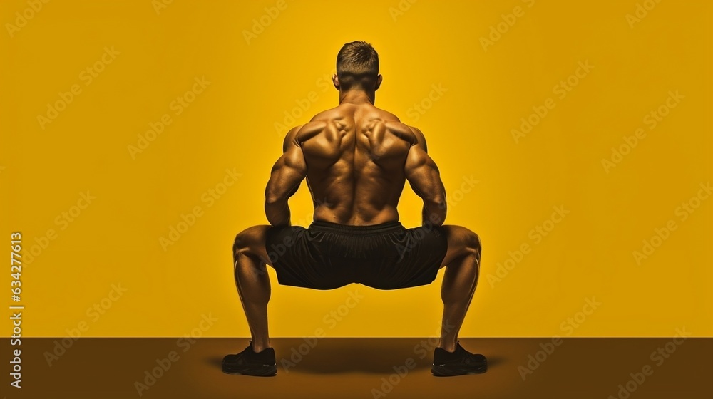 Back View Of A Sporty Man Squatting Doing Sit Ups Gym Physical Fitness