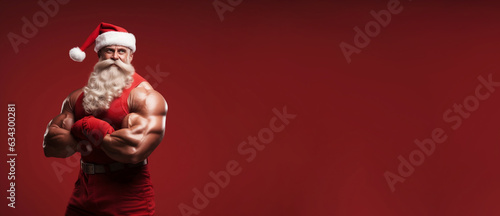 Sexy and muscular Santa Claus on red background.