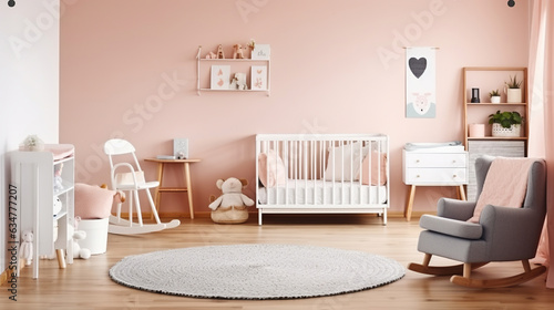 Bright scandinavian baby room with rocking horse, white nursery and pink armchairs, posters on the wall. Generative AI