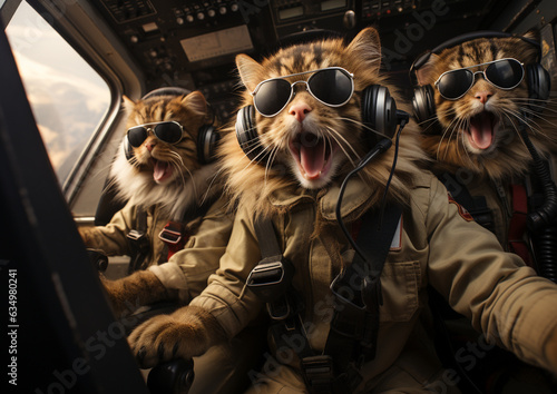 Paw - some Pilots: A team of aviator cats in a cockpit, flying an airplane through the clouds, with one cat confidently steering the controls. Wallpaper 4k. Generative AI