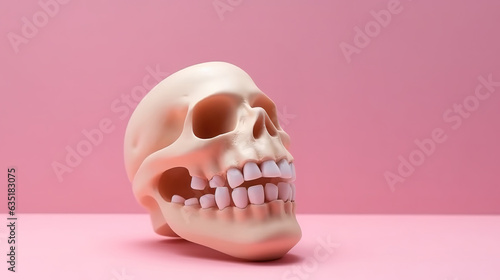 Wooden model toy of a human jaw with a missing tooth on a pink studio background. Generative Ai