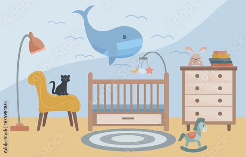 Children's room. Children's bedroom with crib, bedside table, toys, books, armchair, floor lamp. The cat is sitting on a chair. Interior concept. Vector illustration in a flat style.