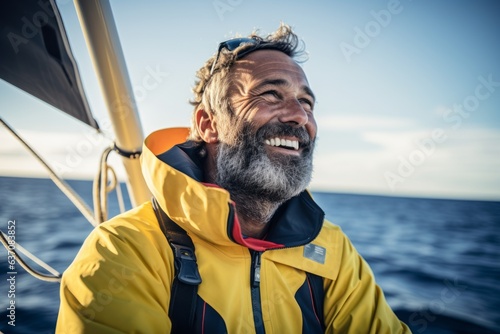 Smiling senior man sailing on a sailing boat in the sea.